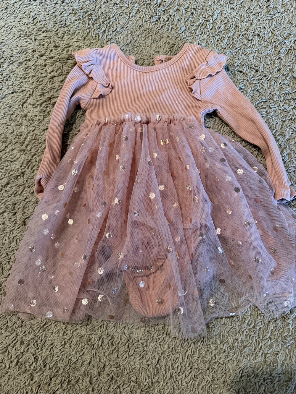 Girls Pink Long-Sleeve Tulle Polka Dot Dress